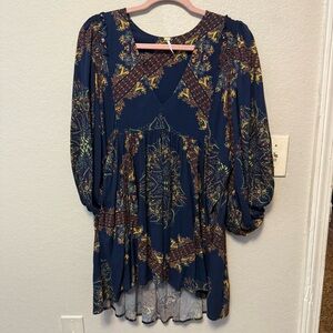 FREE PEOPLE Boho Navy Paisley V-Neck Tunic Dress